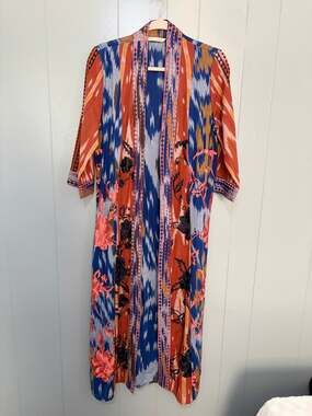 Soft Surroundings Rustic Blue Embroidered Tribal Long Coloures Duster XS